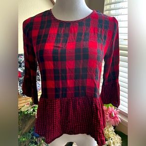 Chenault buffalo plaid long sleeve blouse eyehole button clasp in back